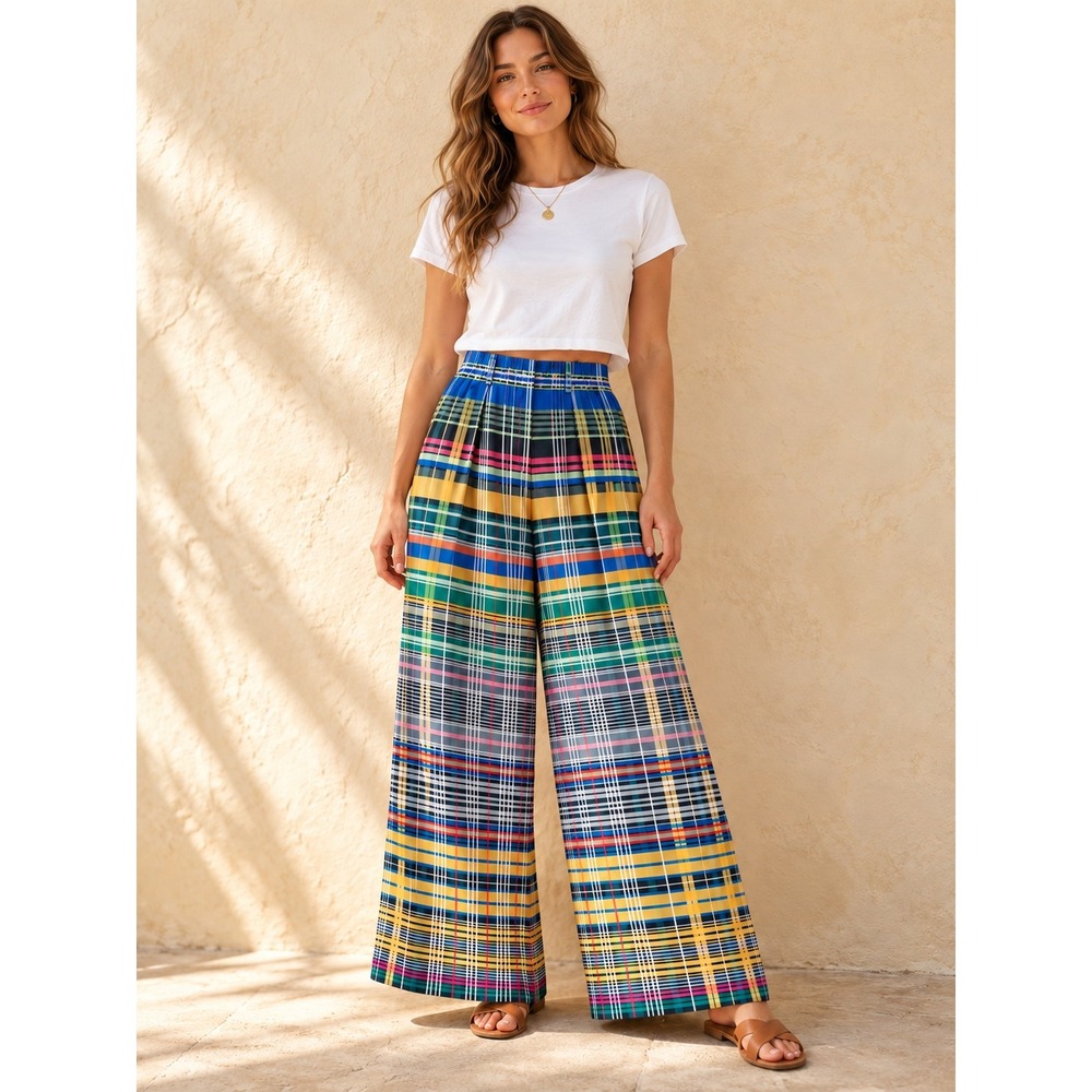 Koopros Multicolor Plaid High Rise Wide Leg Pants Size Medium Maximalism